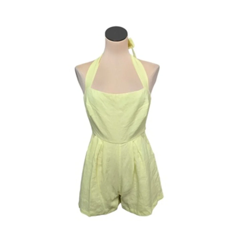 Rumer Quinn Playsuit Womens XS Yellow Linen Halter Romper Summer Jumpsuit Cotton